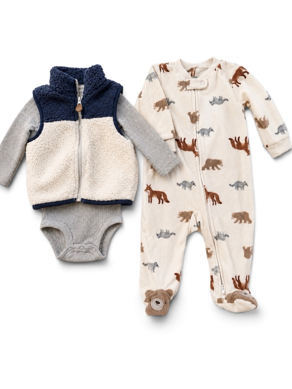 Baby Boy 3 Piece Vest Set & Pajamas Woodland Footed Sleeper Set Size 6 months
